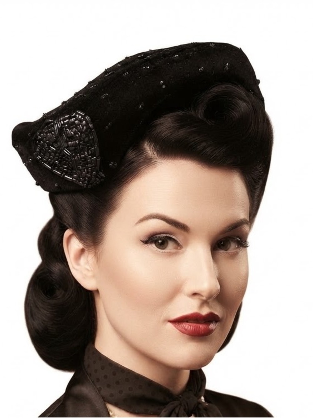 Vintage Black Velvet & Beaded Hat Art Deco Style Retro Beaded Trim